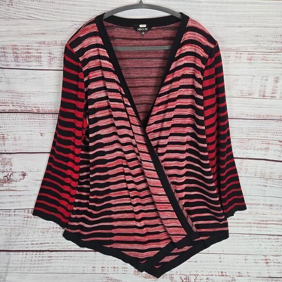 Misook Red Black Stripe Open Cardigan Size 2XL Wrap Knit Sweater Asymmetric Hem - Picture 1 of 9